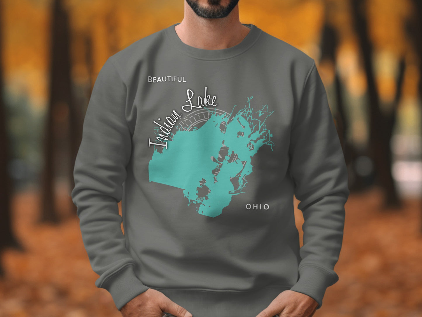 Gray sweatshirt with teal map graphic of Indian Lake, Ohio.