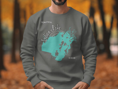 Gray sweatshirt with teal map graphic of Indian Lake, Ohio.