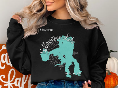 Black sweatshirt with "Yellowstone Lake Wyoming" map design and compass rose.
