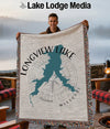 Man holding a woven throw with a teal outline map of Longview Lake and "Missouri".