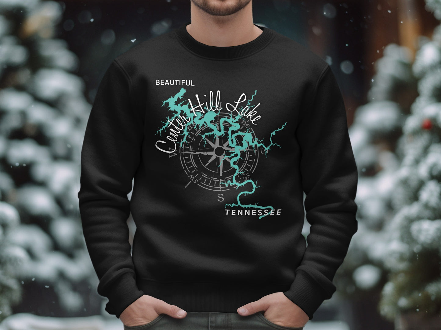 Black crewneck sweatshirt with a turquoise map of Center Hill Lake, Tennessee.