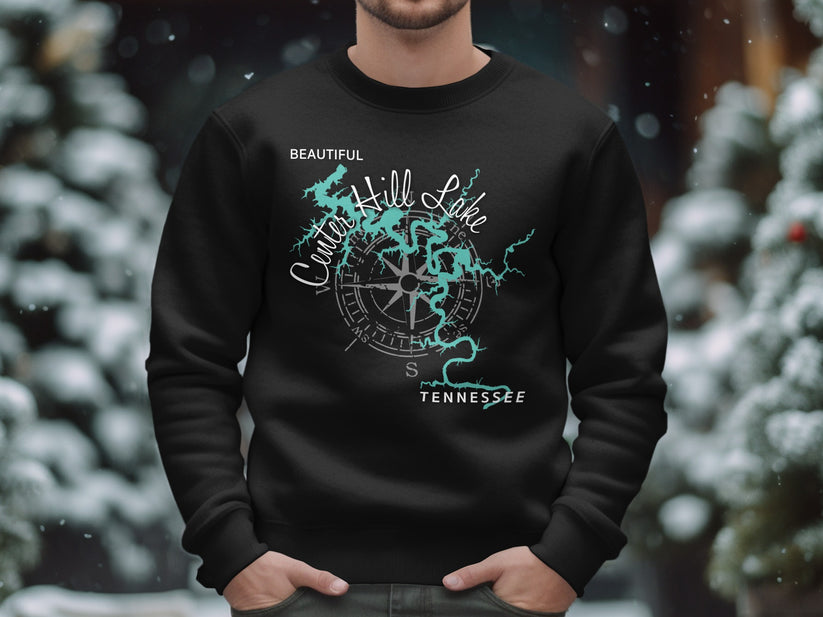 Black crewneck sweatshirt with a turquoise map of Center Hill Lake, Tennessee.