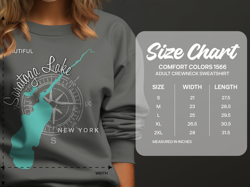 Saratoga Lake sweatshirt with size chart and compass graphic.