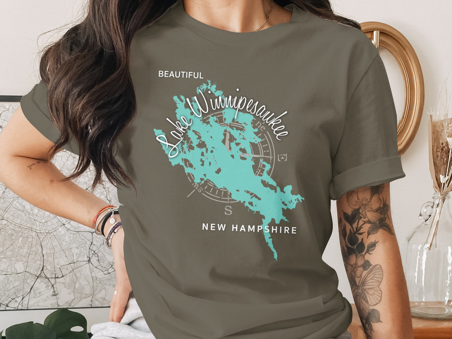 Lake Winnipesaukee New Hampshire map graphic on a t-shirt.