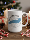 White mug with Lake America map, compass, and text "THE UNITED STATES OF AMERICA".