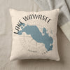 Pillow with Lake Wawasee Indiana map and compass rose design.