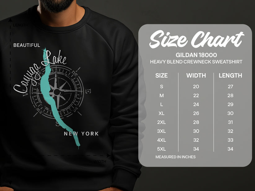 Crewneck sweatshirt with Cayuga Lake graphic and size chart.