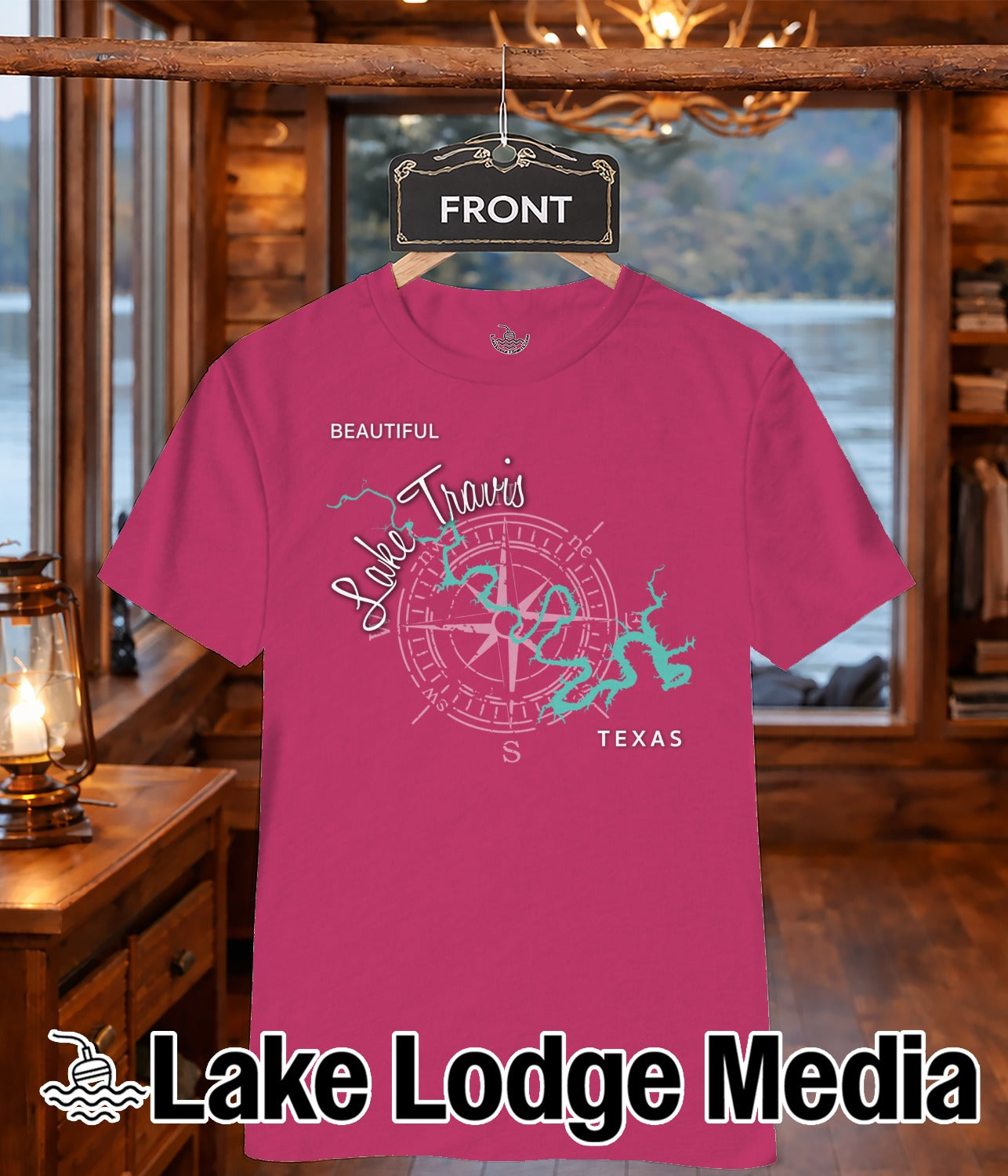 Pink t-shirt with "Lake Travis Texas" compass graphic and "Lake Lodge Media" logo.