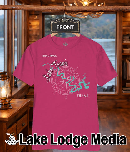Pink t-shirt with "Lake Travis Texas" compass graphic and "Lake Lodge Media" logo.