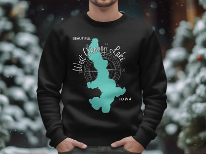 Black sweatshirt with a teal West Okoboji Lake map and compass design.