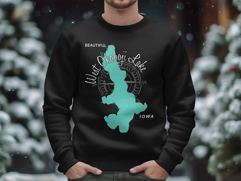Black sweatshirt with a teal West Okoboji Lake map and compass design.