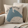 Throw pillow with a blue map of Lake Manawa, Iowa and compass rose design.