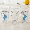 Three clear glasses featuring a blue map of Lake Buchanan, Texas, and compass rose graphic.