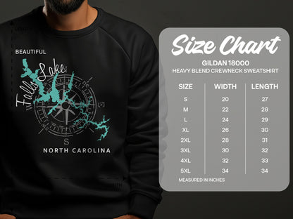 Sweatshirt with a map of Falls Lake, North Carolina, and size chart.