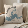 Caddo Lake Texas map pillow on a couch with a textured blanket.