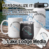 White mug, black tumbler, and white water bottle with compass design.