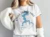 White t-shirt with graphic of Little Grassy Lake, Illinois, and compass rose.
