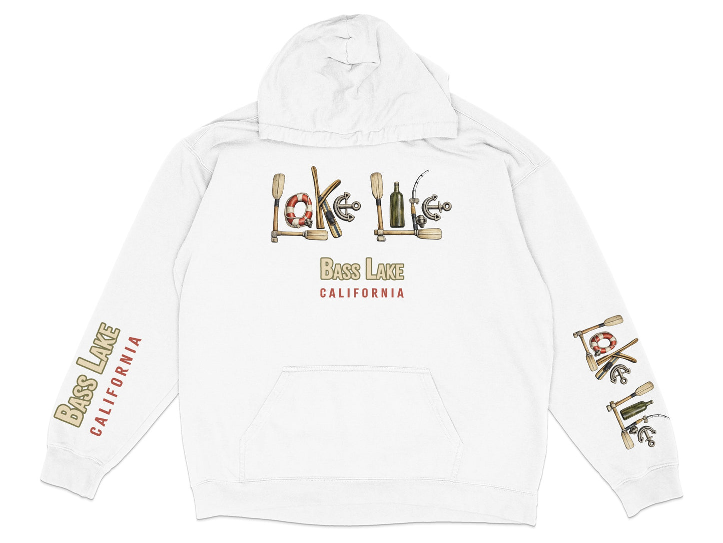 White hoodie with "Lake Life California" graphic and graphic elements.