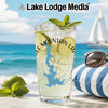 Glass with Lake Grapevine map, lime, mint, on beach background.