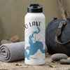 White water bottle with blue lake map and compass design, "ONGO LAKE" text, and "Lake Lodge Media LLC."