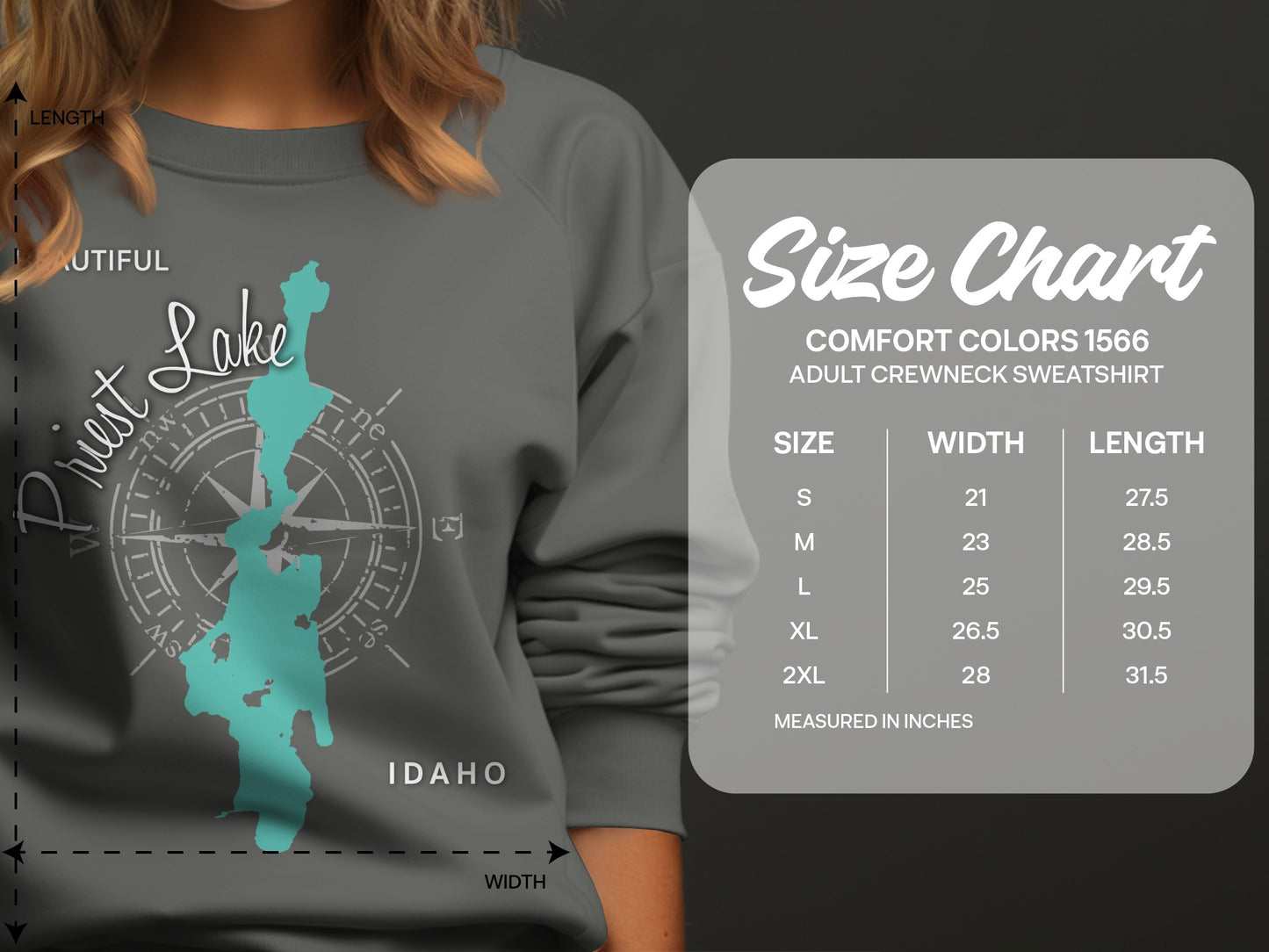 Priest Lake Idaho compass graphic on sweatshirt with size chart.
