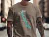 Taupe t-shirt displaying "Long Lake" with a teal lake outline and compass graphic.