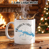 White mug with "RATHBUN LAKE IOWA" and lake map design.