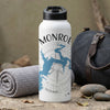 White water bottle with "Monroe" text and blue map graphic over compass rose.