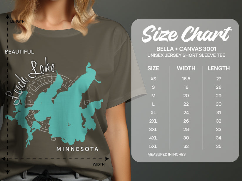 T-shirt size chart with measurements for a Be-a+Canvas 3001 unisex tee.