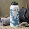 White water bottle with black lid featuring a blue map graphic and text.