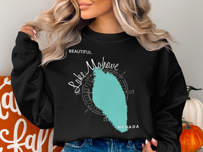 Black crewneck sweatshirt with "Beautiful Lake Mohave" and compass graphic.