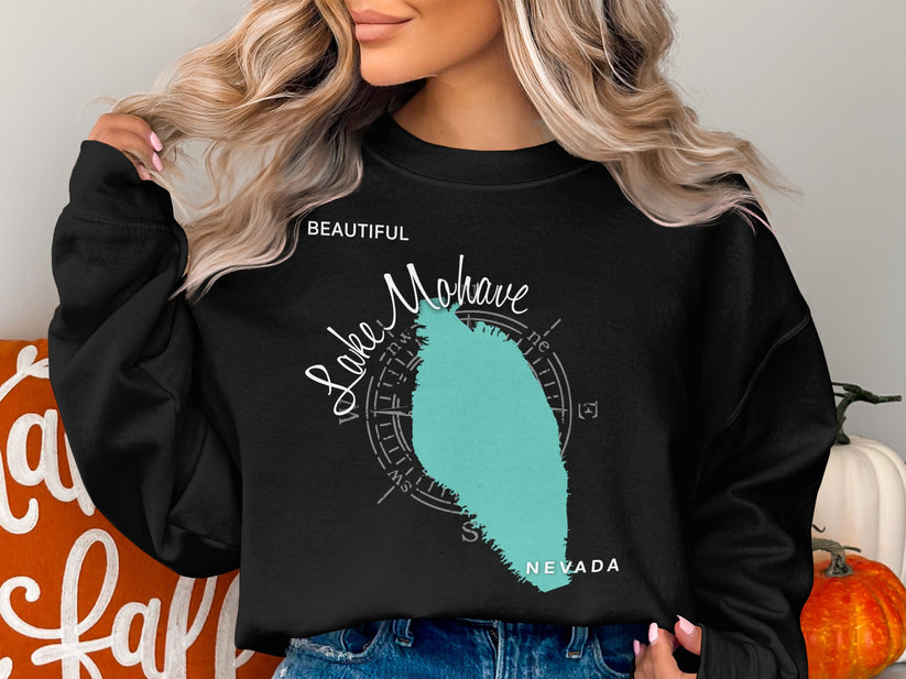 Black crewneck sweatshirt with "Beautiful Lake Mohave" and compass graphic.