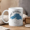 White mug with a blue map of Michigan's Upper Peninsula and "Lake Superior Wisconsin" text.