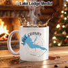 White mug with Lake Granby Colorado map and compass graphic, steaming coffee.