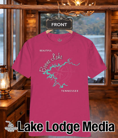 Pink t-shirt with "Beautiful Boone Lake Tennessee" text and compass design.