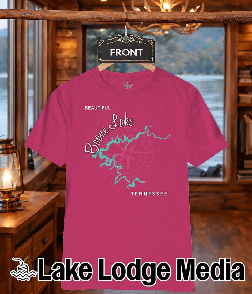 Pink t-shirt with "Beautiful Boone Lake Tennessee" text and compass design.