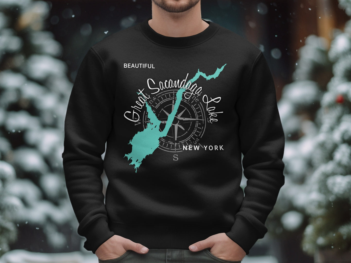 Black sweatshirt with "Great Sacandaga Lake, New York" and compass rose design.