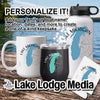 Personalized Lake Michigan mug, wine tumbler, water bottle, and sticker on a wooden surface.