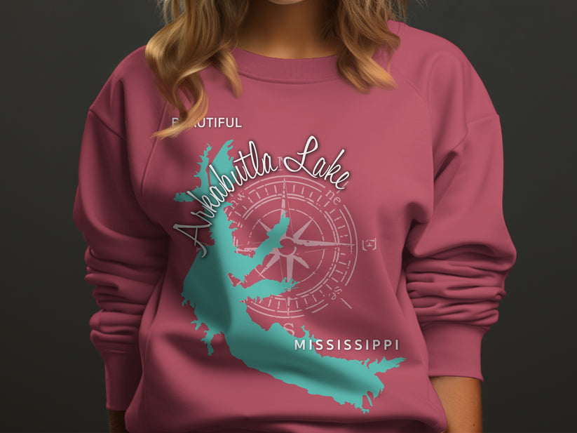 Crewneck sweatshirt with Arkabutla Lake map and compass design.