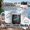 White mug, black tumbler, white water bottle, and white coaster with "Douglas Lake" and compass design.