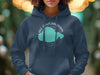 Navy hoodie with teal Lake Pontchartrain shape and text.