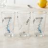 Three clear glasses with a blue Lake Tillery map and compass design.
