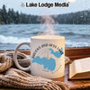 White mug with Brooks and Hess Lake Michigan map graphic, steaming.