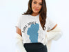 White shirt with blue Lake Tahoe map and compass design, reading "Lake Tahoe, Nevada".