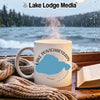White mug with Lake Pontchartrain map and "Lake Lodge Media" logo.