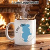 White mug with Lake Piru map design and California text.