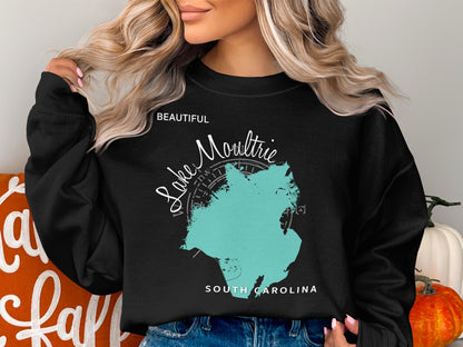 Black sweatshirt with "Beautiful Lake Moultrie South Carolina" map graphic.