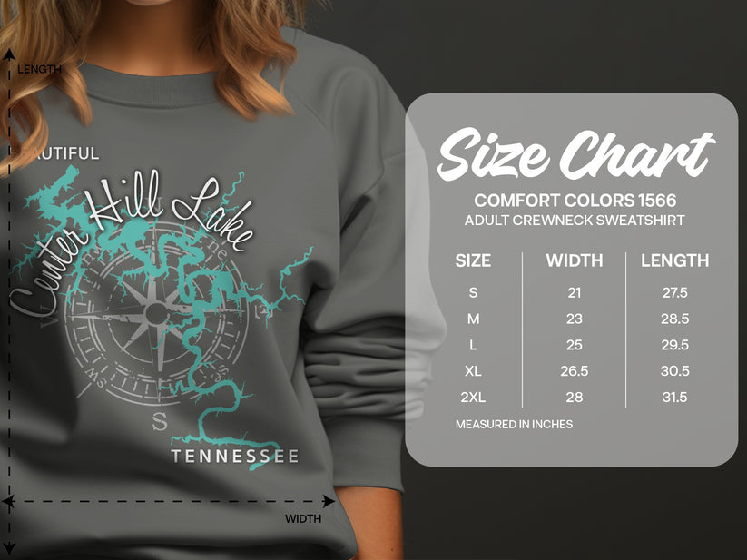 Sweatshirt size chart with measurements for Comfort Colors 1566 adult crewneck.