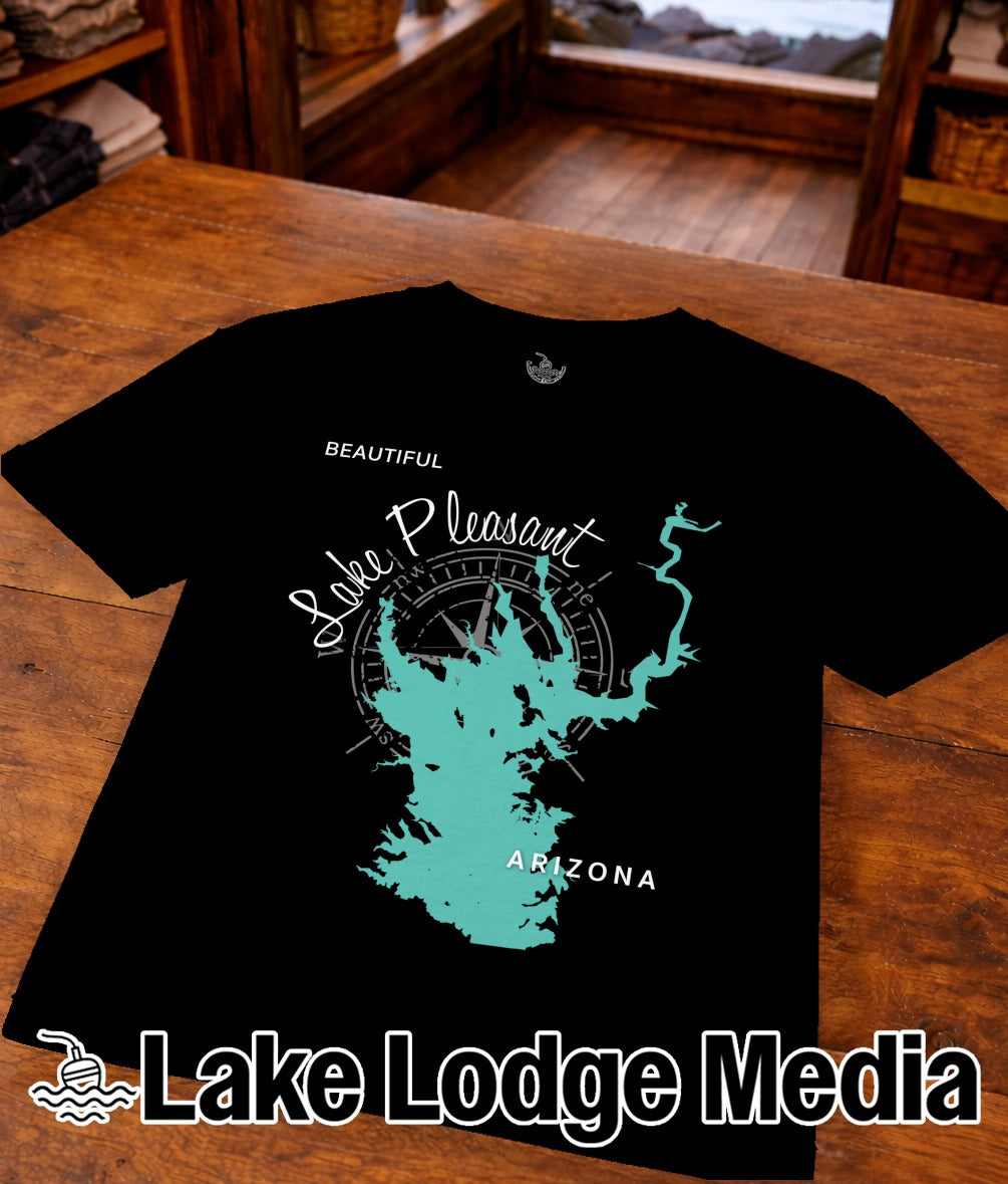 Black t-shirt with turquoise compass rose graphic and "Lake Pleasant Arizona" text.