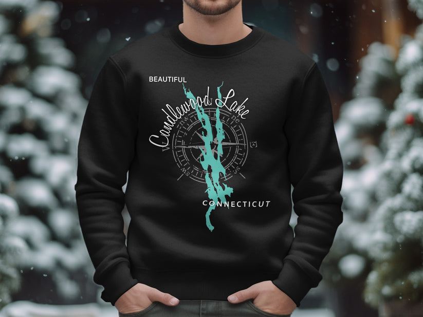 Black sweatshirt with "Beautiful Candlewood Lake Connecticut" and a compass rose map design.